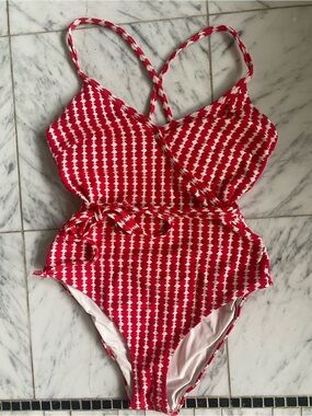 Lemlem Red and White One-Piece Swimsuit with Cross Straps & detachable tie belt
